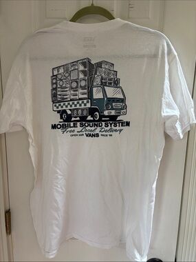 Vans White Tee with Blue and Black Mobile Sound System Graphic